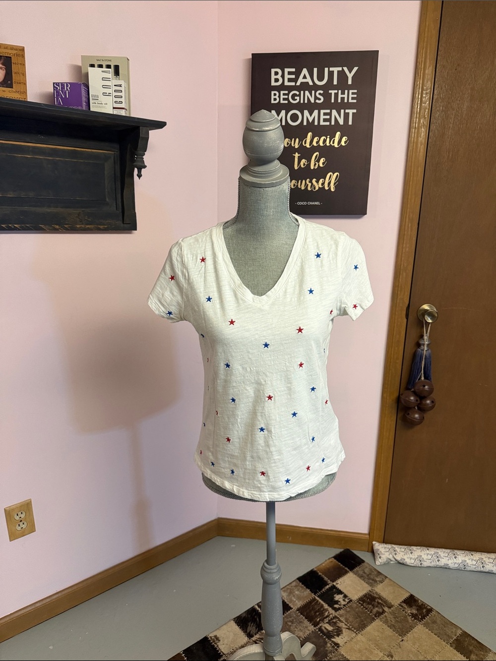 Cynthia Rowley White V-Neck Tee with Red & Blue Star Motif